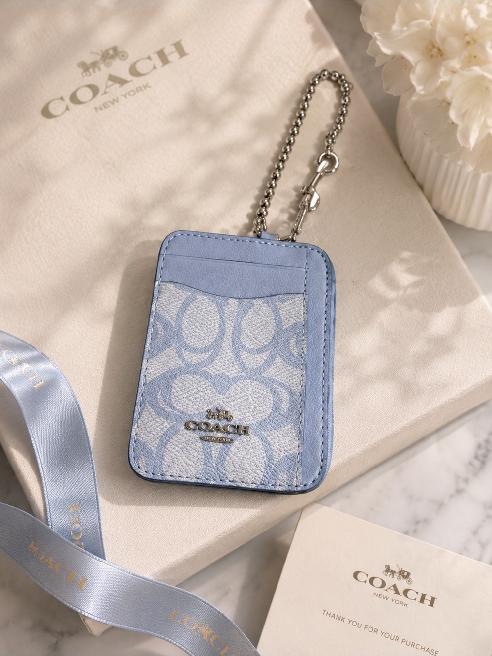 Coach Light Blue Signature Zip ID Case with Silver Chain